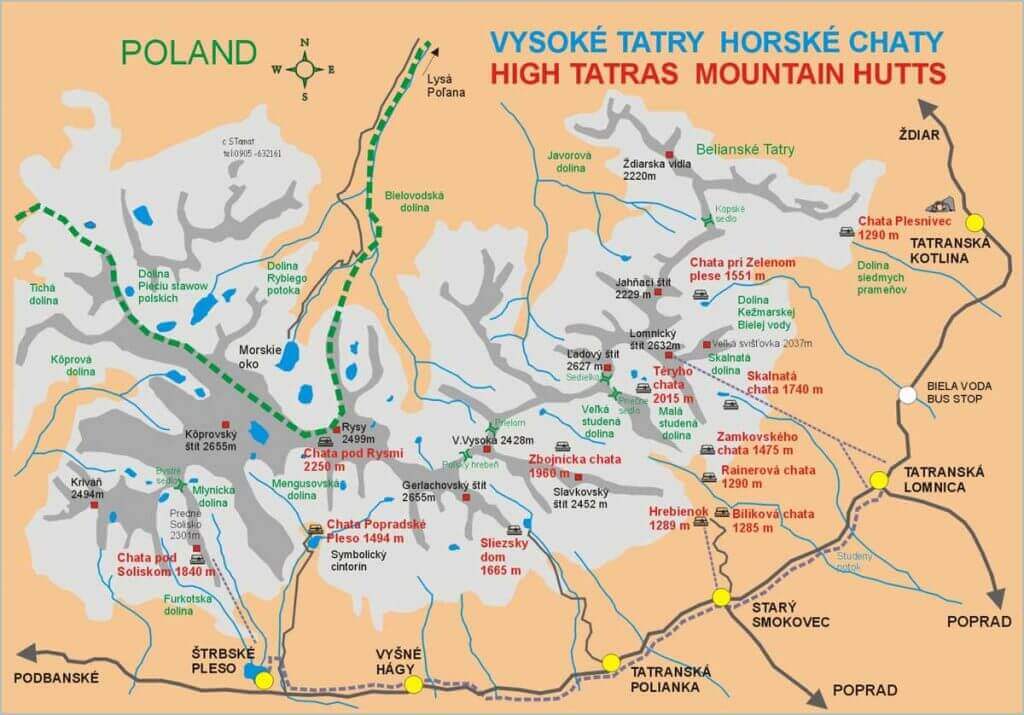 Map of hiking trails together with mountain huts in the High Tatras, Slovakia